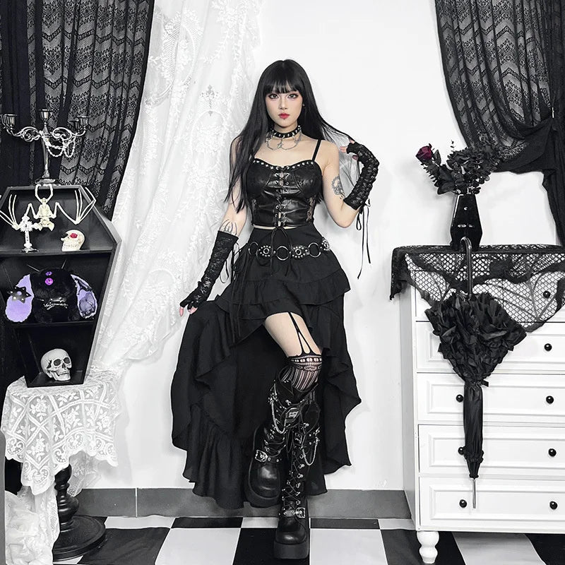 Goth Dark Kawaii Black Tiered Skirts 90S Retro Irregular Hem Party Bottoms Mall Gothic Women Fashion Dragging Skirt Alt Clothing