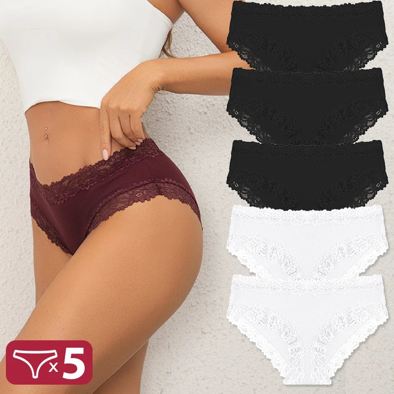 5Pcs Sexy Cotton Lace Panty Women Low Waist Panties Underwear S-XL Solid Color Ladies Briefs Lingere Underware Comfortable Women