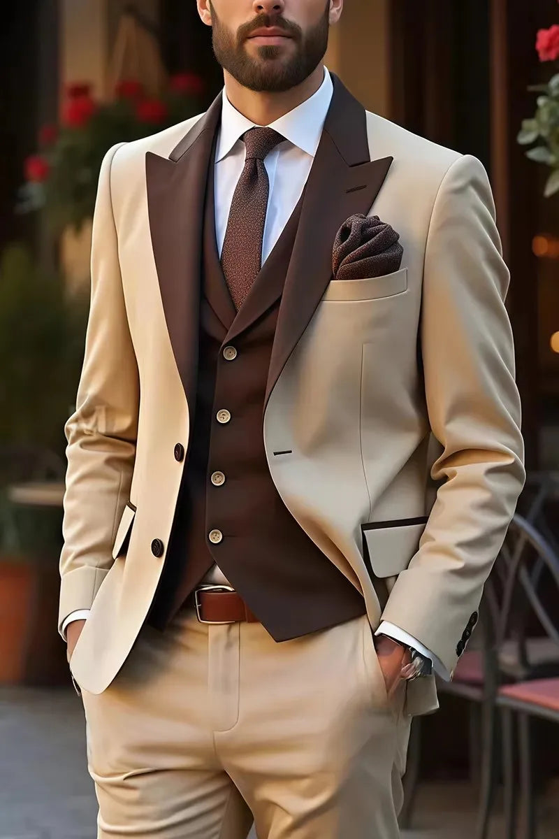 3 Piece Suits for Men Slim Fit Groom Wedding Tuxedos Peak Lapel Jacket Business Formal Party Blazer Vest Pants Costume Homme