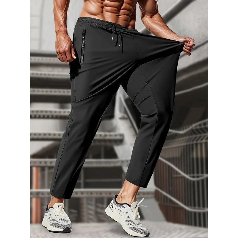 Men's Ice Silk High Elastic Breathable Trousers With Drawstring Zipper Pockets Casual Sports Trousers Gym Sportswear Gift Man