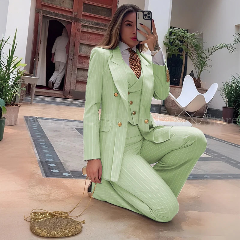 Luxury Green Striped Women Suit Double Breasted 3 Piece Jacket Vest Pants Female Clothing Slim Fit Formal Office Lady Blazer Set