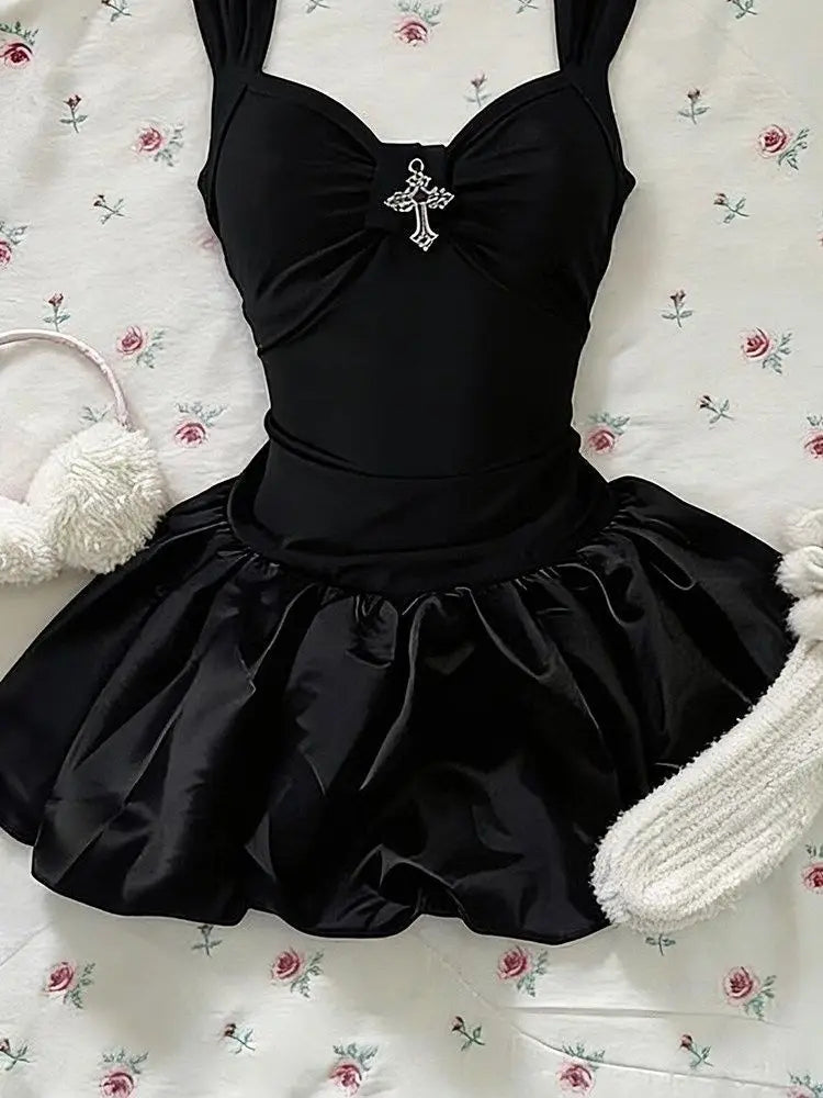 Gothic Hot Girl Cross Black Skinny Short Dress Women Summer New Sexy Slip Vintage Dark Academia Slim Flower Bud Dresses New