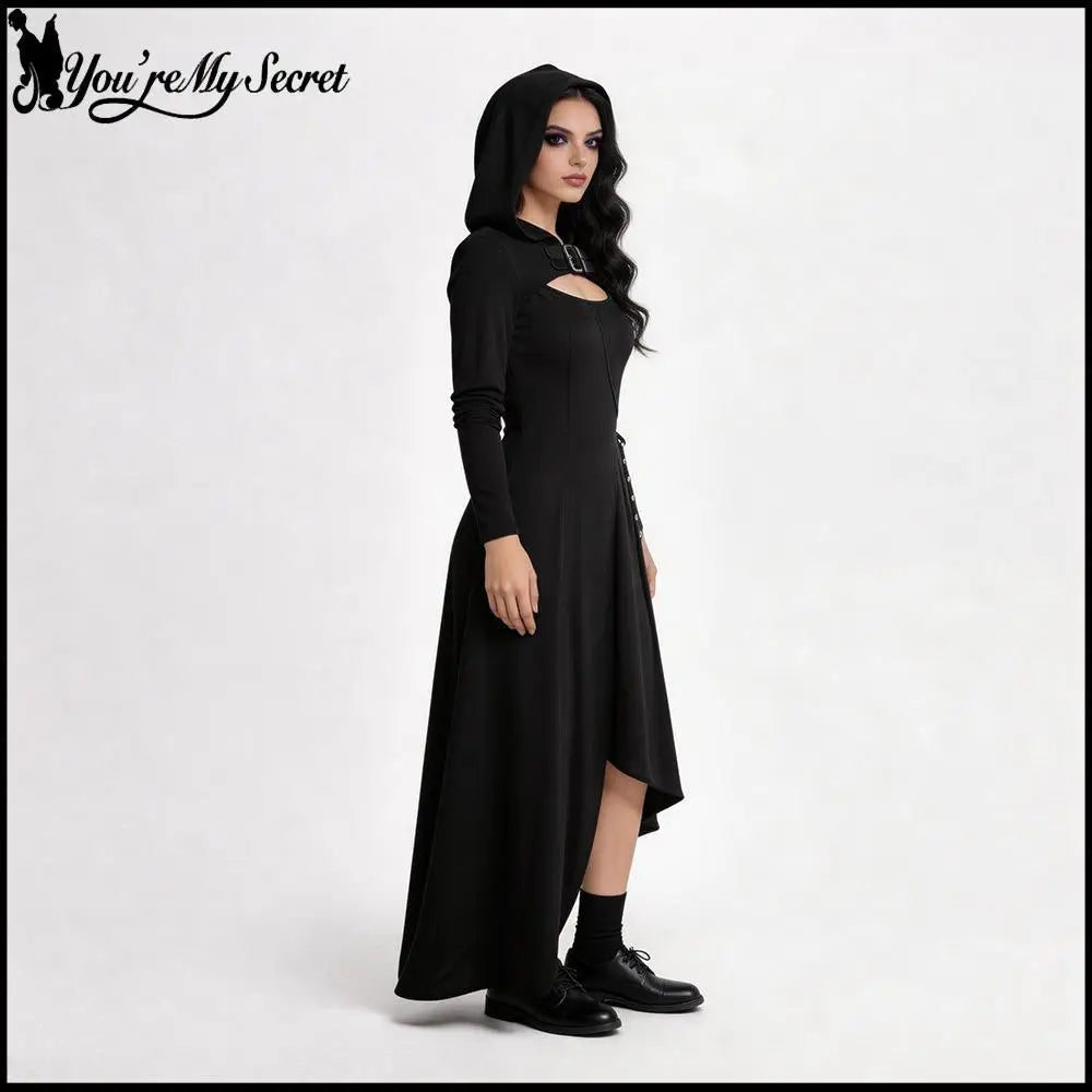 Gothic Hoode Long Dress Women Witch Corset Asymmetrical Hem Dress Punk Style Leather collar Gown Halloween Qeen Stage Costumes