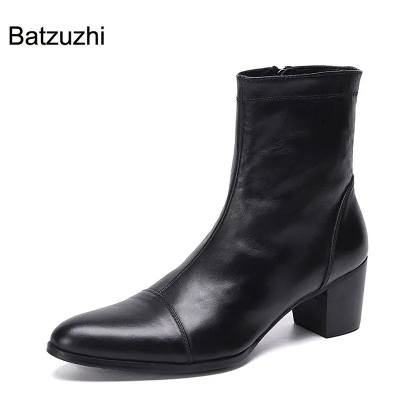 Batzuzhi Handsome Men Boots 7cm High Heels Genuine Boots Men Black Ankle Knight Botas Hombre for Men Party/Wedding, EU38-46!