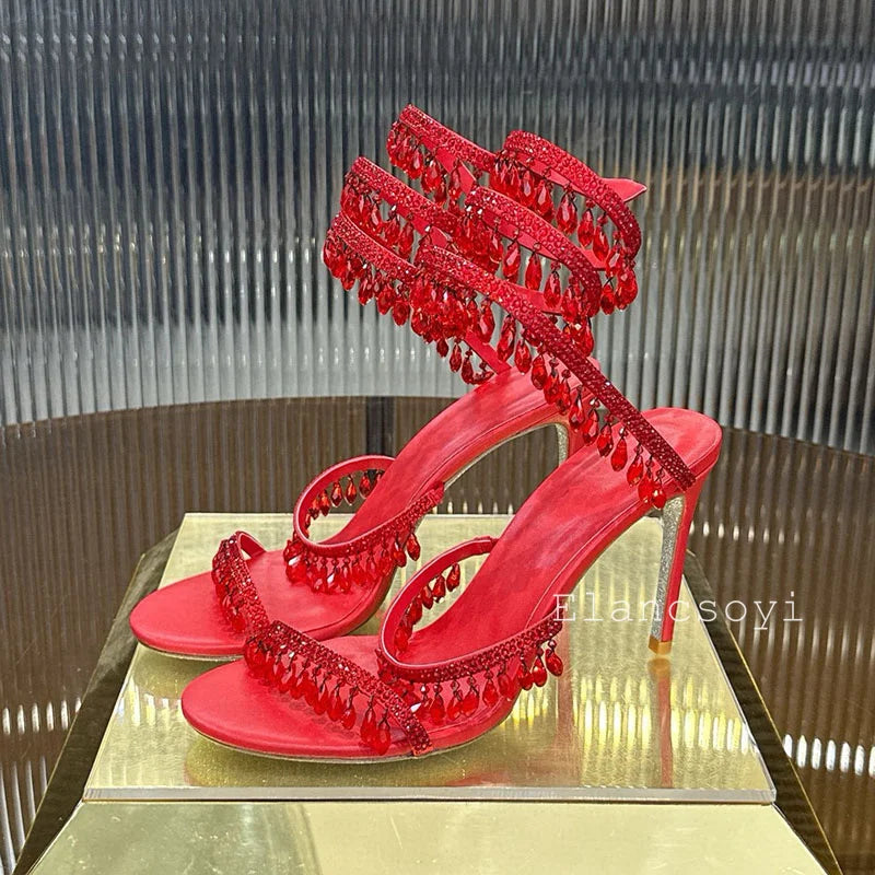 High Heels Sandals Women Shiny Crystal Pendant Ankle Snake Twine Around Prom Shoes Summer Fashion Stiletto Bohemian Sandalias