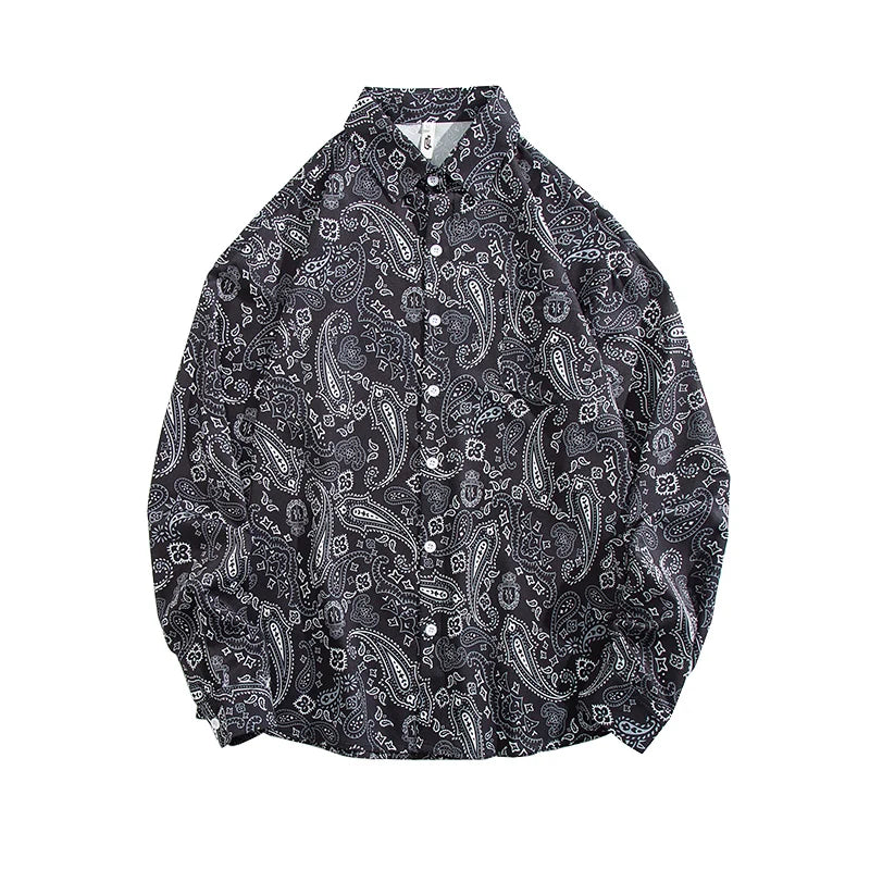 Memz High Street Long Sleeve Loose Fit Men's Shirt Hong Kong Style Square Collar Versatile Fashionable Printed Texture Design
