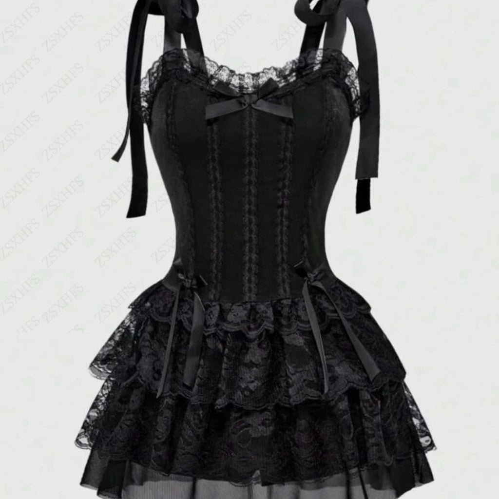 Gothic Dresses 2000s Women's Sexy Camis Sling High waist Lace Tiered Mini Dress Harajuku  Streetwear Femme Aesthetic Short Dress
