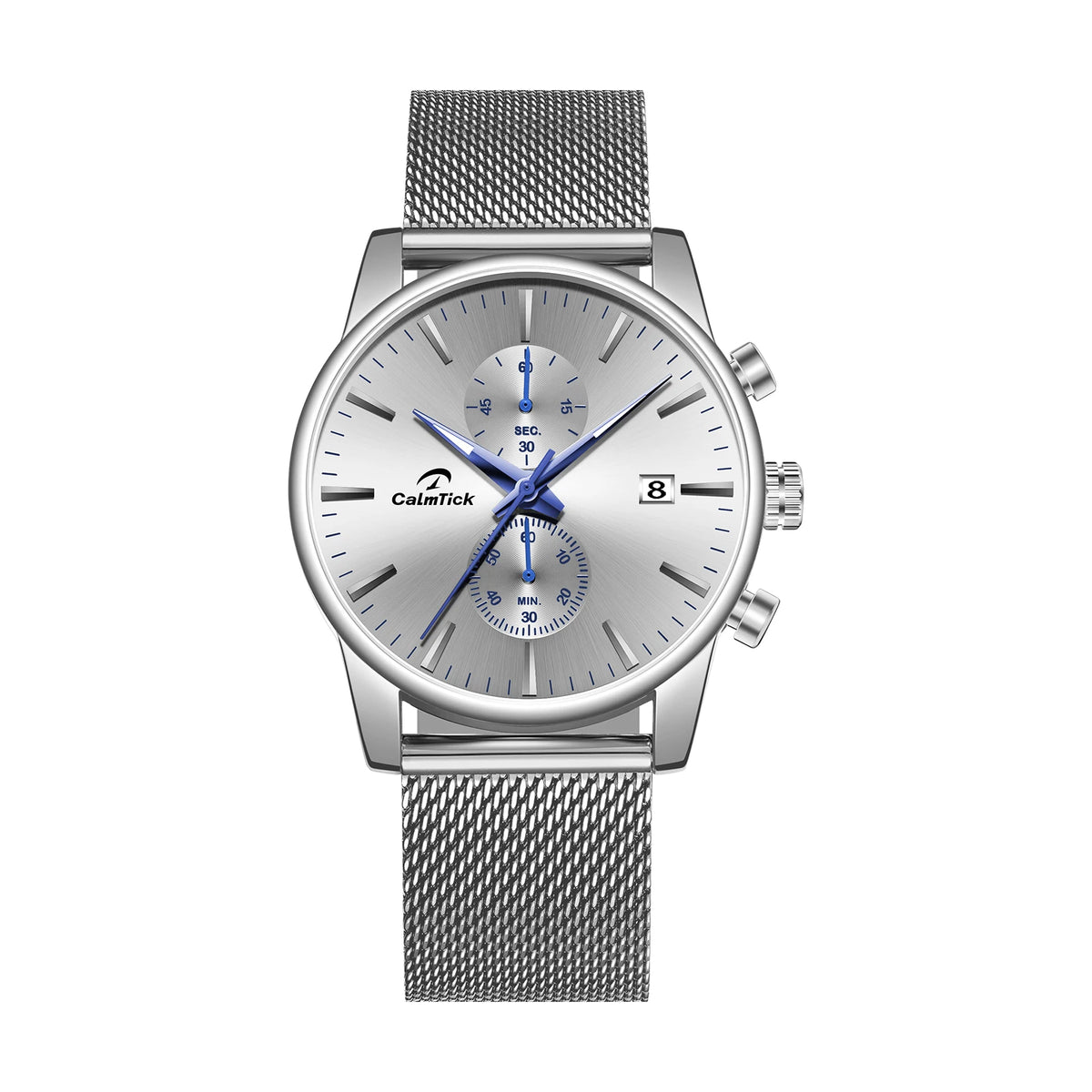 CalmTick Fashion Business Pointer Quartz Watch with Stopwatch Luminous Waterproof Metal Strap