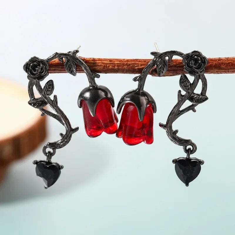 Gothic Red Rose & Thorn Drop Earrings