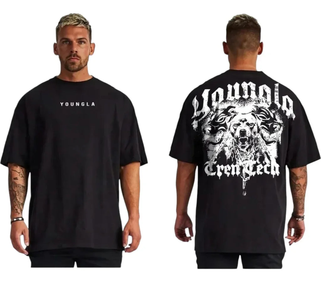 Men's Gothic Dog Head Vintage Washed T-Shirt, Aggressive Animal Graphic Streetwear Tee