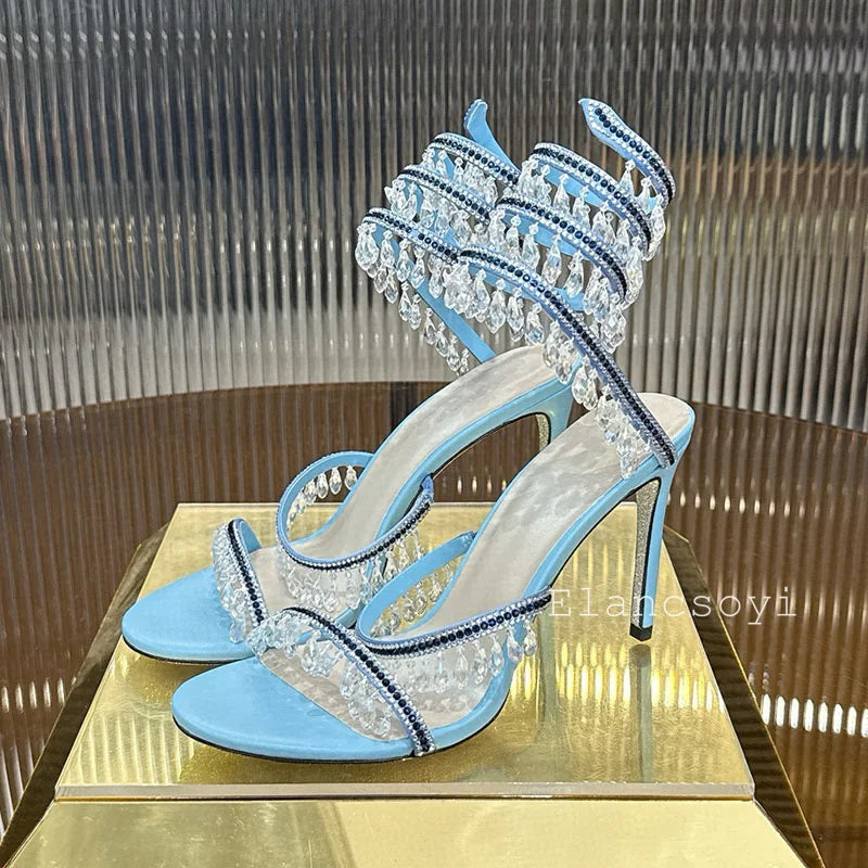 High Heels Sandals Women Shiny Crystal Pendant Ankle Snake Twine Around Prom Shoes Summer Fashion Stiletto Bohemian Sandalias