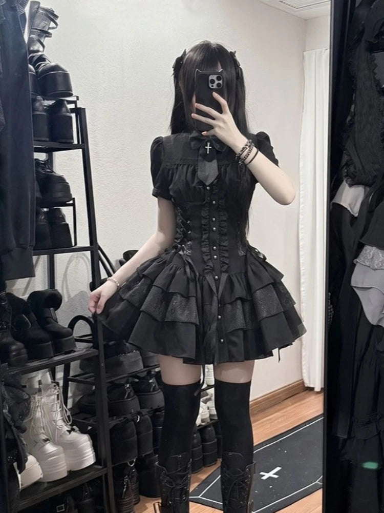 Gothic New Y2k Summer Elegant Dress Women Designer Vintage Aesthetic Skinny Bow Black Spicy Girl A-shaped Dresses Female 2026