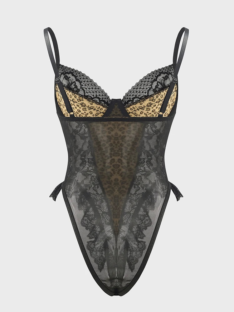 Sexy Lace Leopard Pattern Bodysuits Vintage Chic Slim Top Clothing Female Spaghetti Strap Sleeveless Backless Adult Shaper