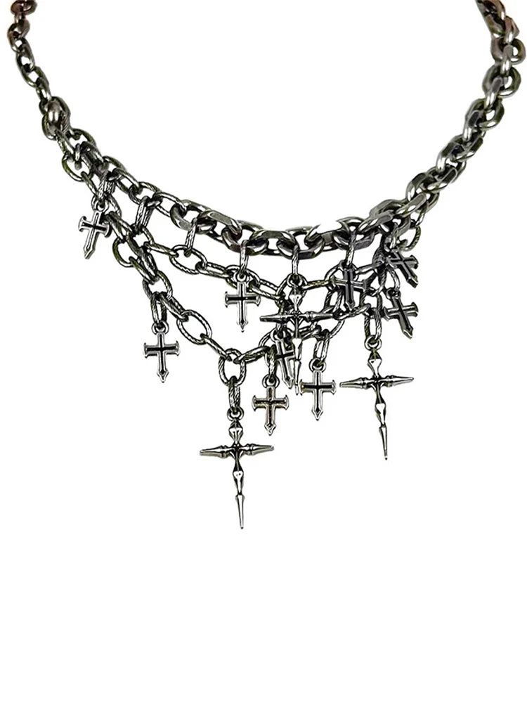 Gothic Cross Chain Jewelry Set for Women Men, Punk Statement Necklaces Rings Accessories, Edgy Party Jewelry Collection