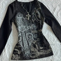 Y2K Gothic black printed T-shirt female American retro spring new V-neck long sleeve waist slim top