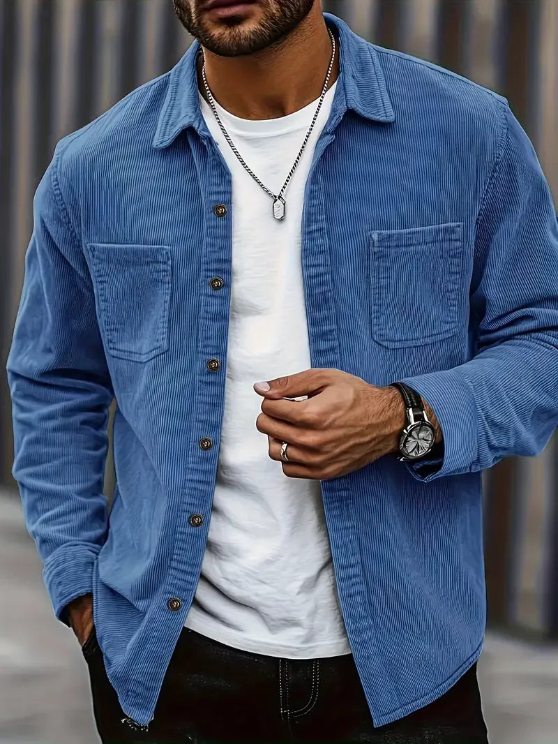 Men's Corduroy Long Sleeve Button Down Shirt, Turn Down Collar Chest Pocket Casual Vintage Streetwear Tops