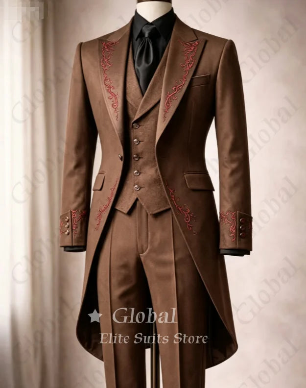 Black Tailcoat Tuxedo 3-Piece Suit with Red Embroidery Gothic Victorian Style Formal Wedding Prom Party Groom Outfit Customized