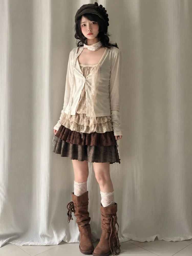 Y2K Japanese Daily Casual 3 Piece Matching Suit Women French Vintage Retro Crop Top Mini Skirt Autumn American Street Outfit