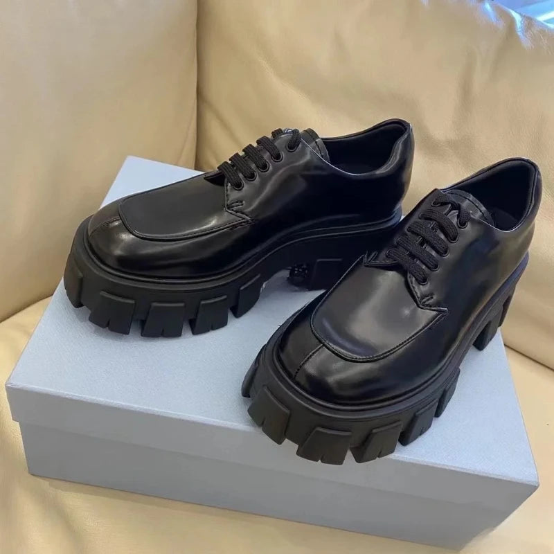 leather Loafers women's shoes spring and  autumn   platform shoes lace-up single shoes Plus size 35-43 size ladies casual flat