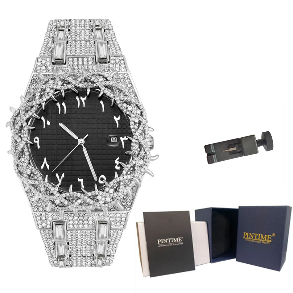 Luxury Full Diamond Men's Quartz Watch Thorn Bracelet Hip Hop Style Date Display with Luminous Function Men Business Wristwatch