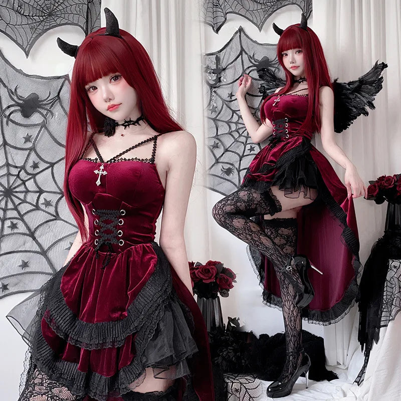 Gothic Witch Costume Y2K Aesthetic Victorian Vampire Bride Dress for Women Vintage Long Tail Cosplay Costume Halloween Party