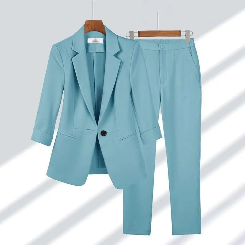 Elegant Women's Pants Set Office Outfits Business Clothing Summer New Thin Jacket Blazer Casual Wide Leg Pants Two Piece