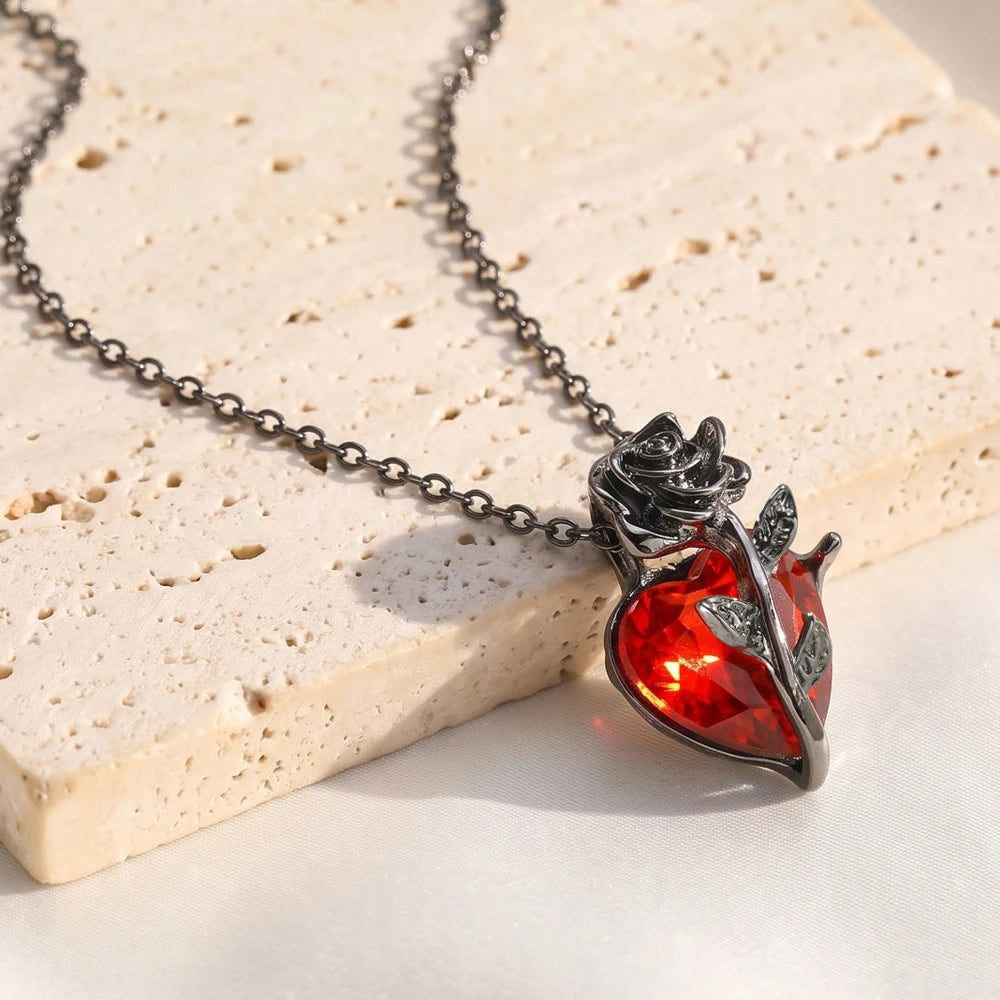 Gothic Rose Heart Necklace for Women, Red Rhinestone Pendant, Halloween Party Jewelry