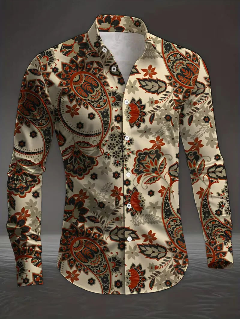New Men's White Rose Pattern 3D Printed Shirt, High-Quality Casual and Fashionable Long Sleeved Shirt, Lapel Top
