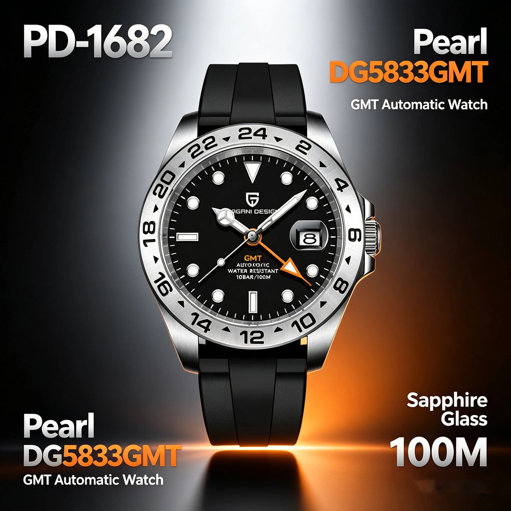 PAGANI DESIGN Automatic GMT Watch DG5833GMT Movement Rubber Strap 100M Waterproof Luminous Men Sports Mechanical Wristwatch