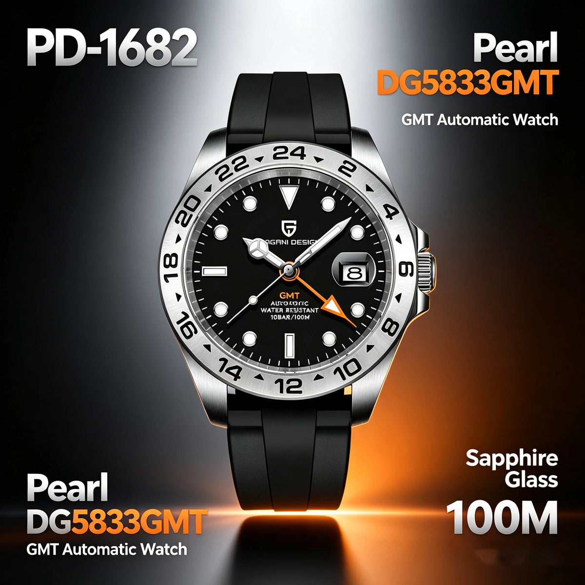 PAGANI DESIGN Automatic GMT Watch DG5833GMT Movement Rubber Strap 100M Waterproof Luminous Men Sports Mechanical Wristwatch