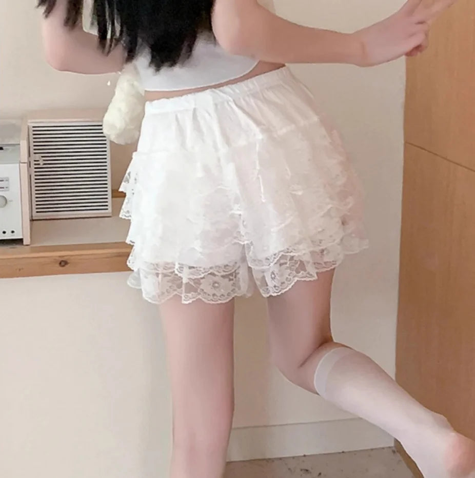 Women Lace Bloomers Shorts Lolita Ruffle Safety Pants High Waist Layered Petticoat Underpants Sweet Princess Summer Loose Fit