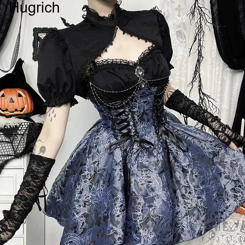 Gothic Lolita 2 Piece Outfit for Women Victorian Corset Lace Mini Dress with Lace Stand Collar Puff Sleeve Bolero Shrug Dark