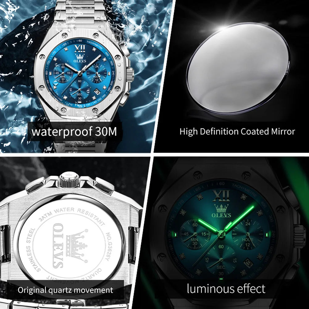 OLEVS 3626 Watches For Men Original Wristwatch Stainless Steel Multifunctional Chronograph Waterproof Luminous Quartz Reloj
