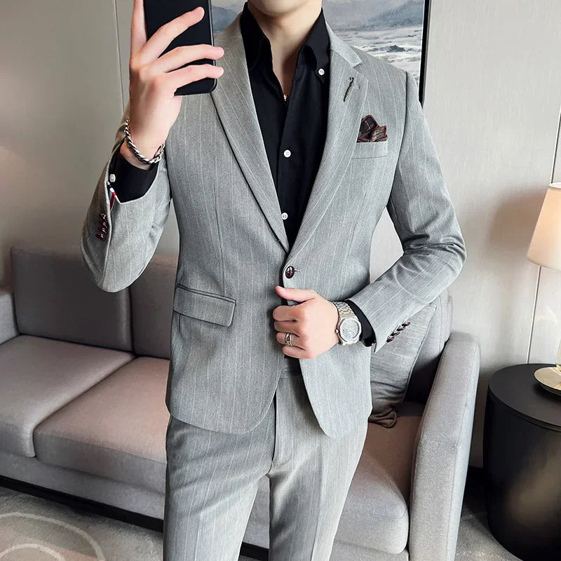 ( Blazer + Pants ) High-end Brand Formal Business Plaid Mens Suit Groom Wedding Dress Solid Color Stage Performance Tuxedo S-7XL