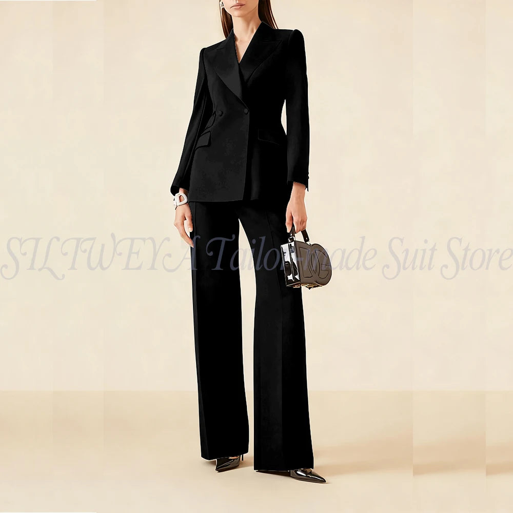 Luxury Classic Black Women's Suits Double Breasted 2 Pieces Jacket Pants Female Clothing Office Banquet Lady's Blazers Sets