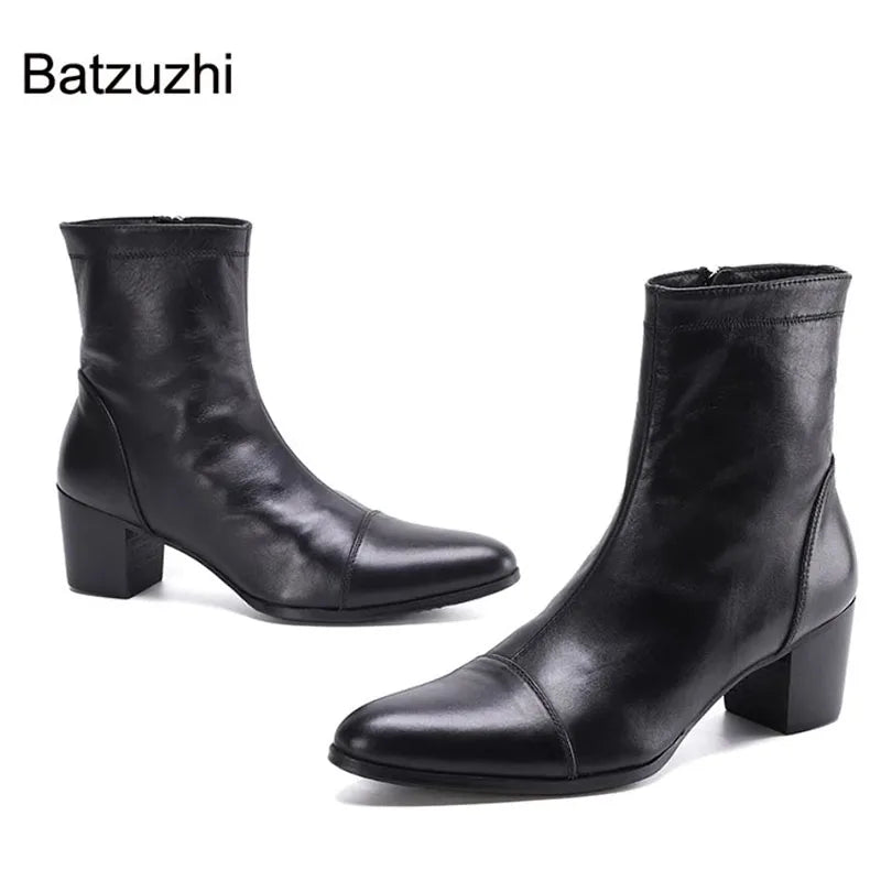 Batzuzhi Handsome Men Boots 7cm High Heels Genuine Boots Men Black Ankle Knight Botas Hombre for Men Party/Wedding, EU38-46!
