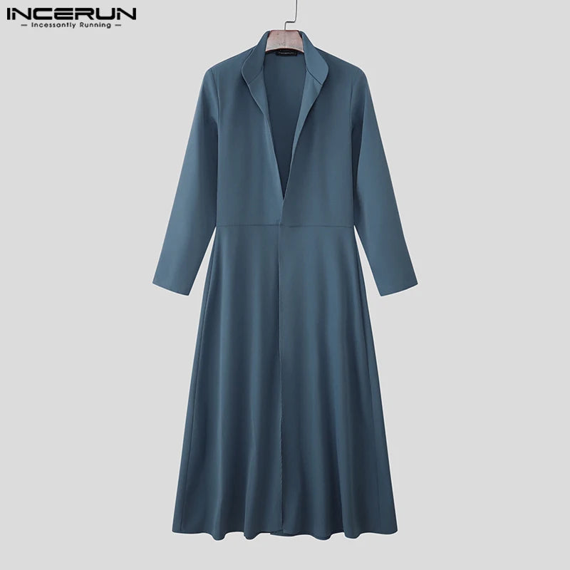 INCERUN Men Blazer Solid Color Stand Collar Long Sleeve Ruffle Long Style Blazer Men Streetwear Autumn 2025 Fashion Male Suits