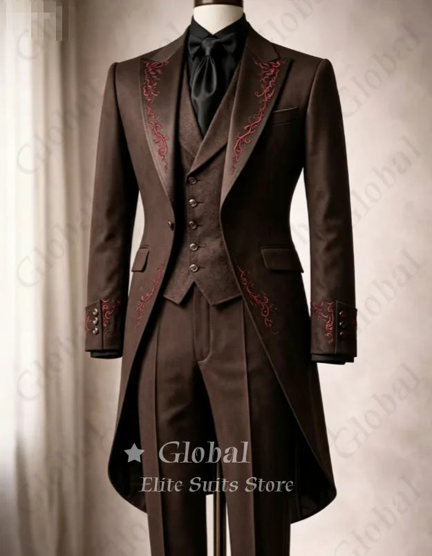Black Tailcoat Tuxedo 3-Piece Suit with Red Embroidery Gothic Victorian Style Formal Wedding Prom Party Groom Outfit Customized