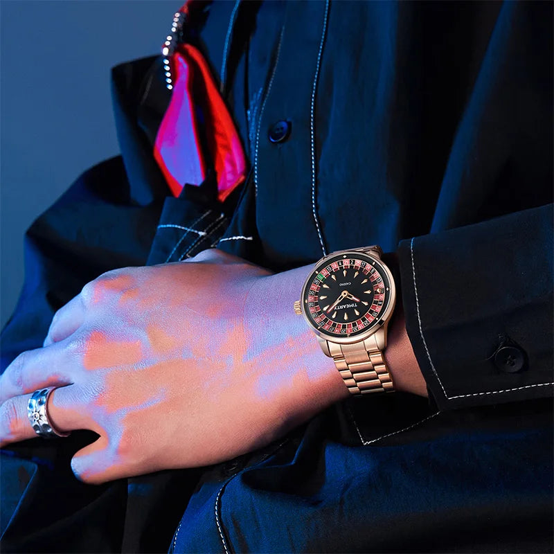 TIMEARTX Men's Watch New European Roulette Design Poker Game Fashion Quartz Movement Stainless Steel Wristwatch Father Day Gifts