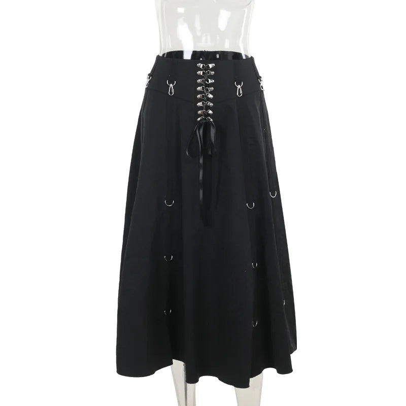 Goth Dark Acubi Fashion Black Swing A-line Skirt Punk Grunge Metal Buckle Streetwear Women Bandage Skirts Mall Gothic Alt Cloth