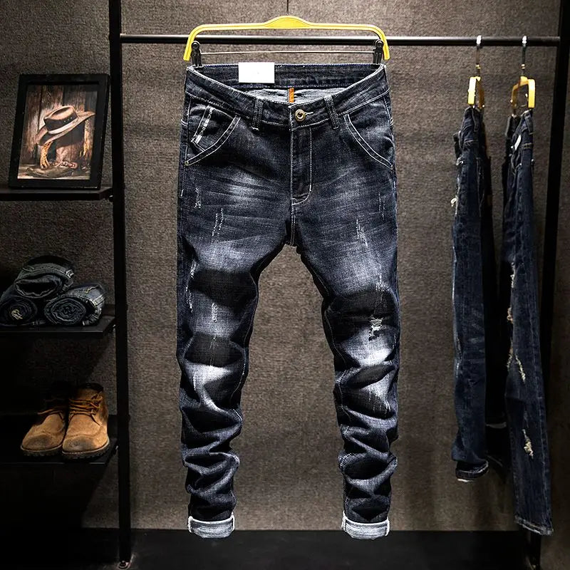 American Elastic Straight Jeans Men Ripped Worn-out Slim-fit Cotton Denim Pants Korean Style Fashion Trousers Men's Clothing