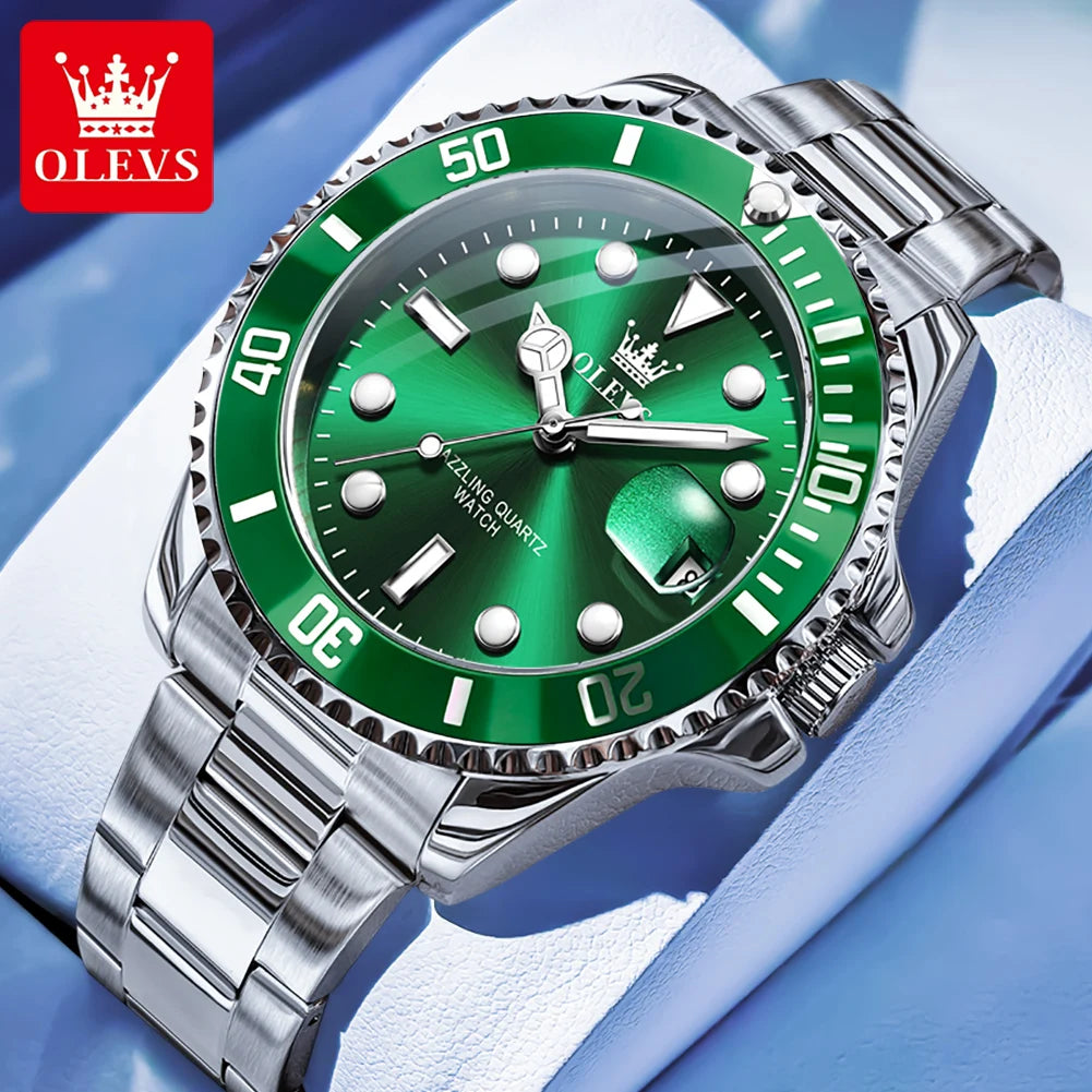 OLEVS Men's Watches Classic Luxury Fine Steel Strap Big Date Original Quartz Wristwatch for Man Waterproof Luminous Trend Dress