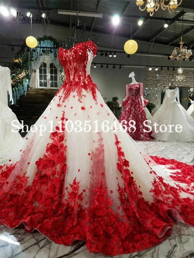 Vintage Victorian Gothic Wedding Dress Burgundy 3D Floral Embroidery Appliques Corseted A-Line Long Customised Bridal Gowns