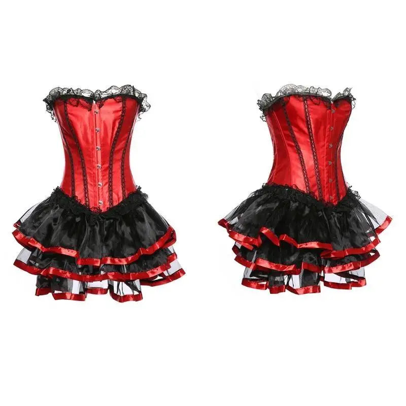 39BD Victorian Corset Dress Women Gothic Lace Trim Overbust Bustier with Mini Tutu Skirt and Panty Lace-Up Burlesque Gowns
