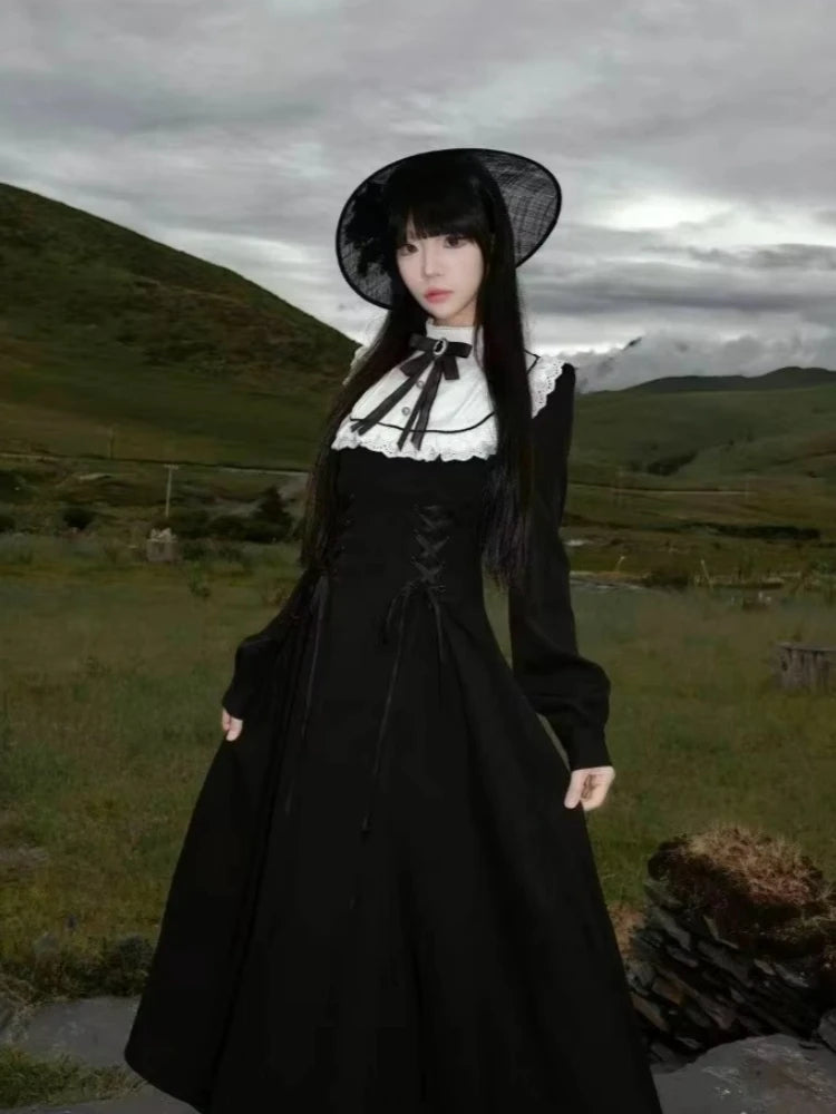 Gothic Vintage Midi Dress Women Party Kawaii Lolita Bow Dresses New Harajuku Lace Patchwork dress Vestidos