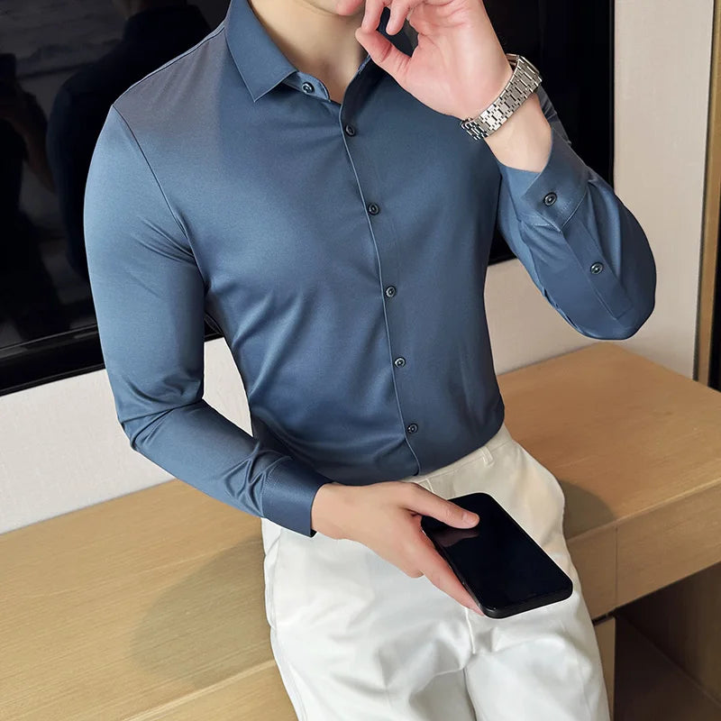 5A Antibacterial Men's Social Shirts High Quality Korean Luxury Clothing Long Sleeve Mens Dress Shirts Slim Fit Tuxedo Big Size