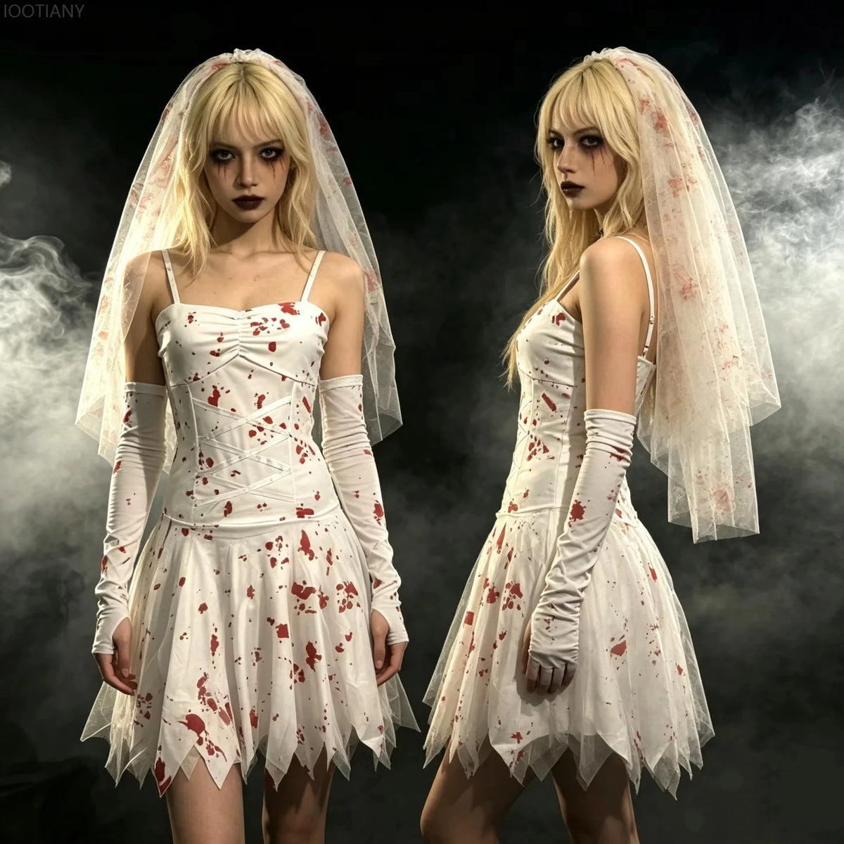 Gothic Blood Bride Halloween Fancy Dress Spaghetti Strap Lace Up Corset Mini Dresses Outfit Stained Sheer Veil Party Costume Set