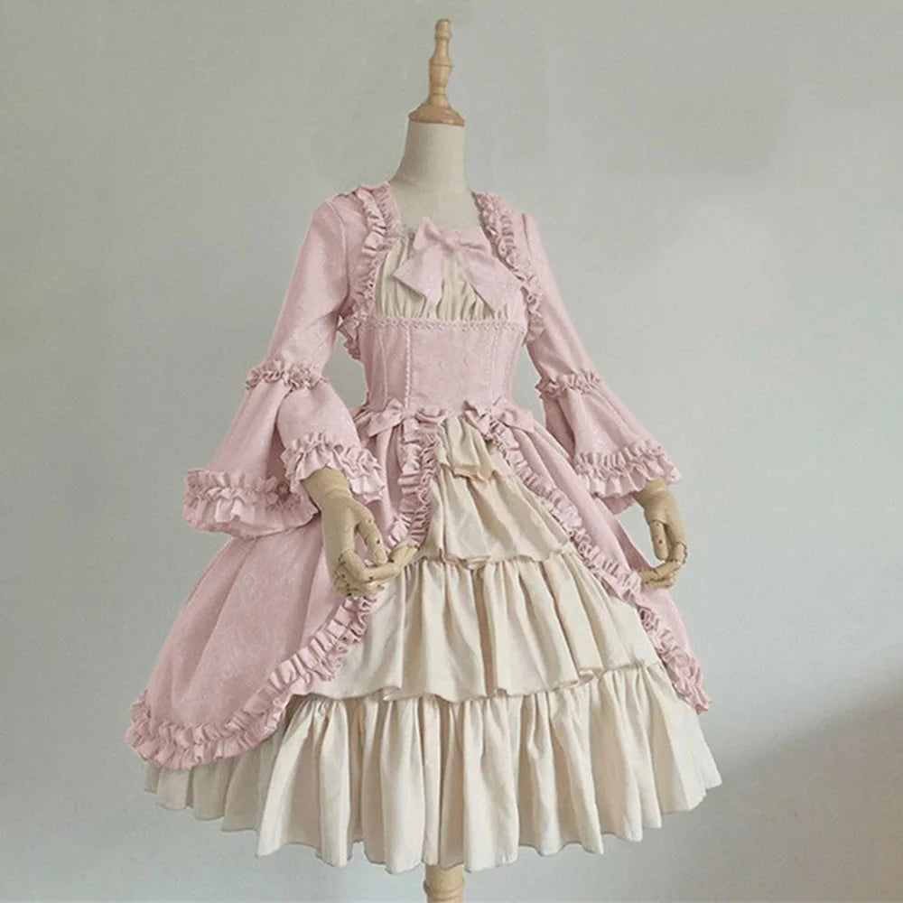 European and American medieval retro Gothic court style French soft girl dress with square collar, waist cinching and patchwork
