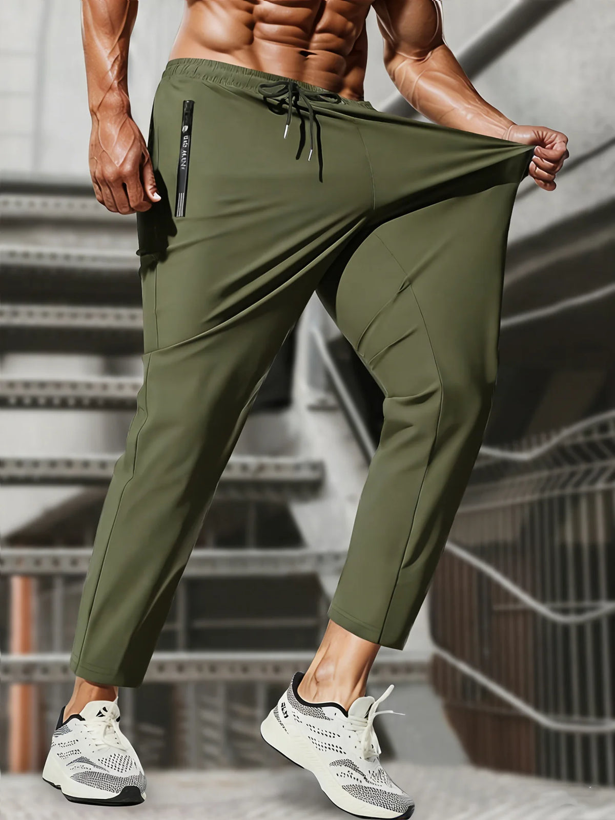 Men's Ice Silk High Elastic Breathable Trousers With Drawstring Zipper Pockets Casual Sports Trousers Gym Sportswear Gift Man