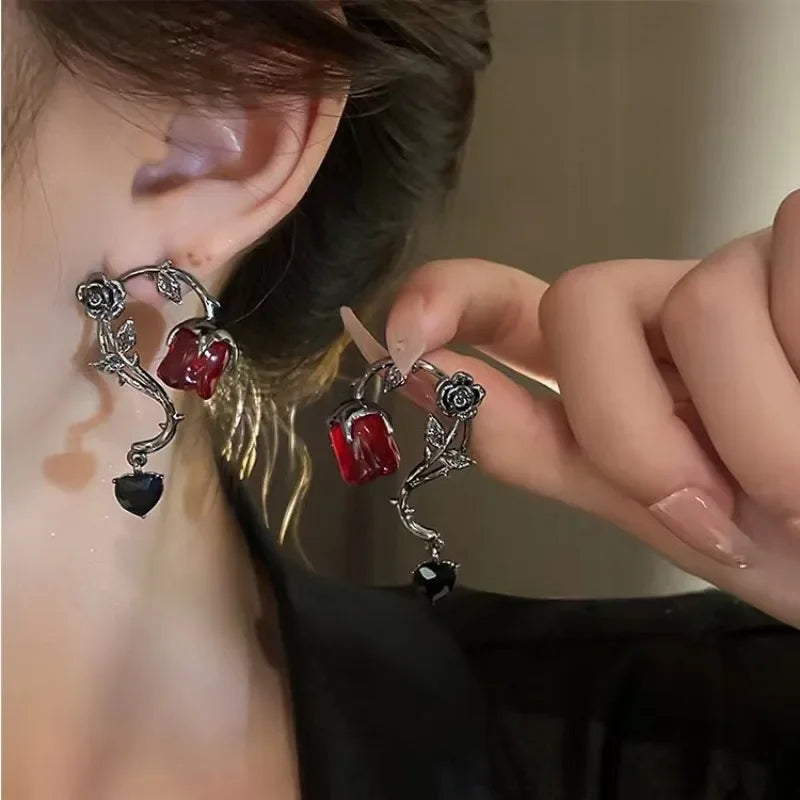 Gothic Red Rose & Thorn Drop Earrings